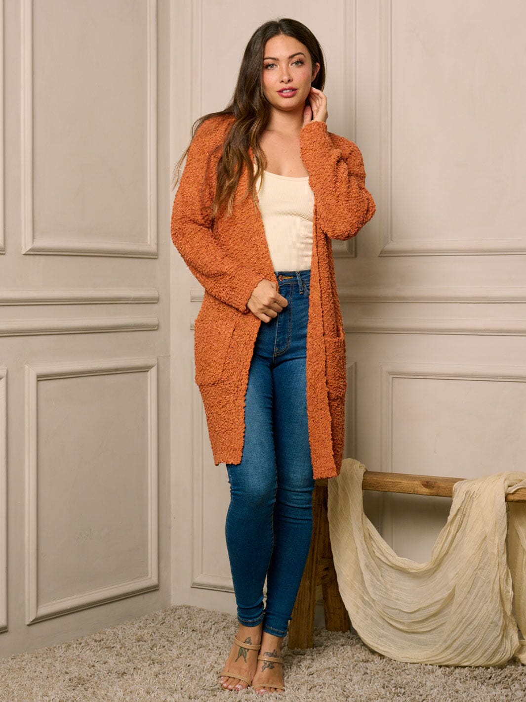 WOMEN'S LONG SLEEVE OPEN FRONT POCKETS CARDIGAN