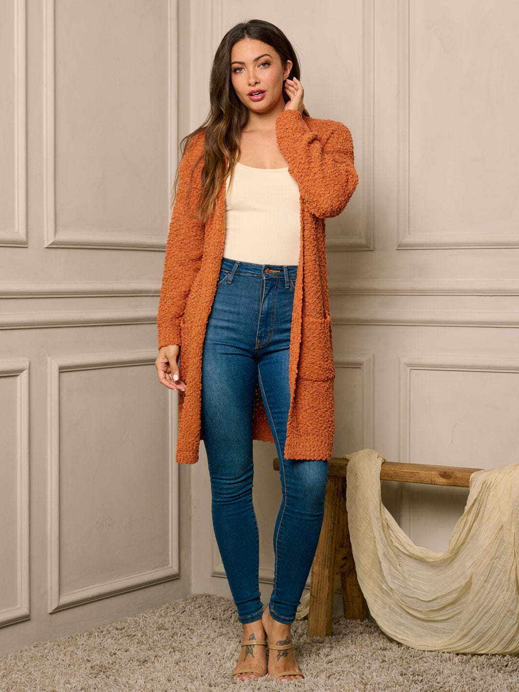 WOMEN'S LONG SLEEVE OPEN FRONT POCKETS CARDIGAN