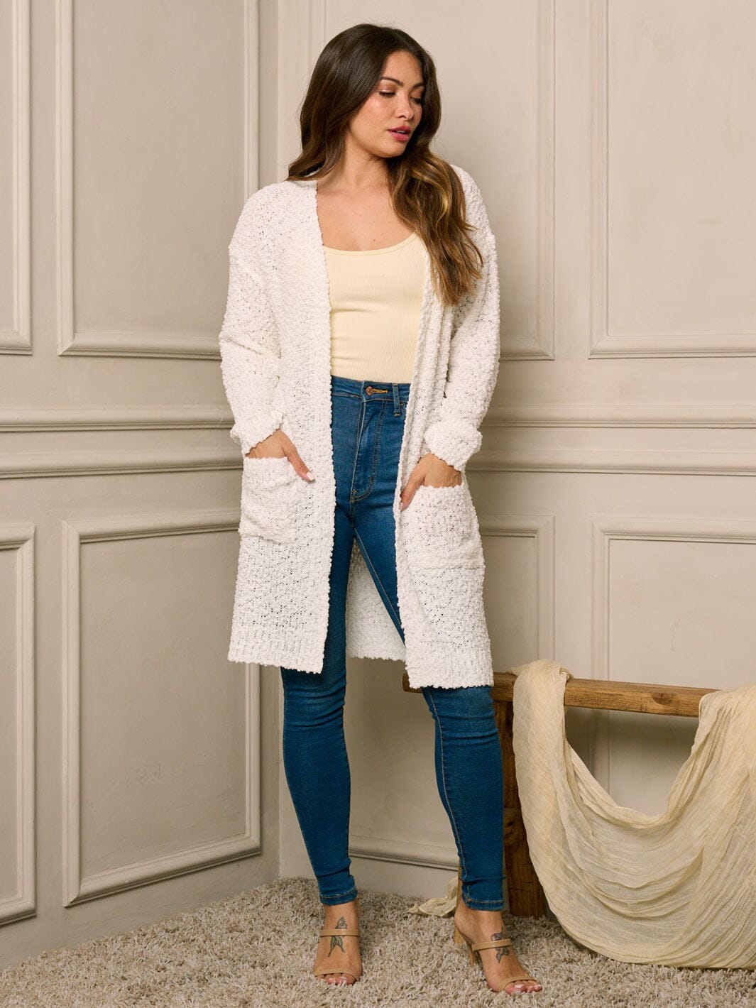 WOMEN'S LONG SLEEVE OPEN FRONT POCKETS CARDIGAN