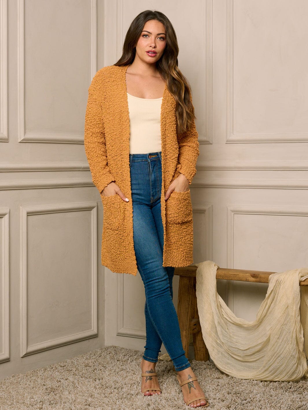 WOMEN'S LONG SLEEVE OPEN FRONT POCKETS CARDIGAN