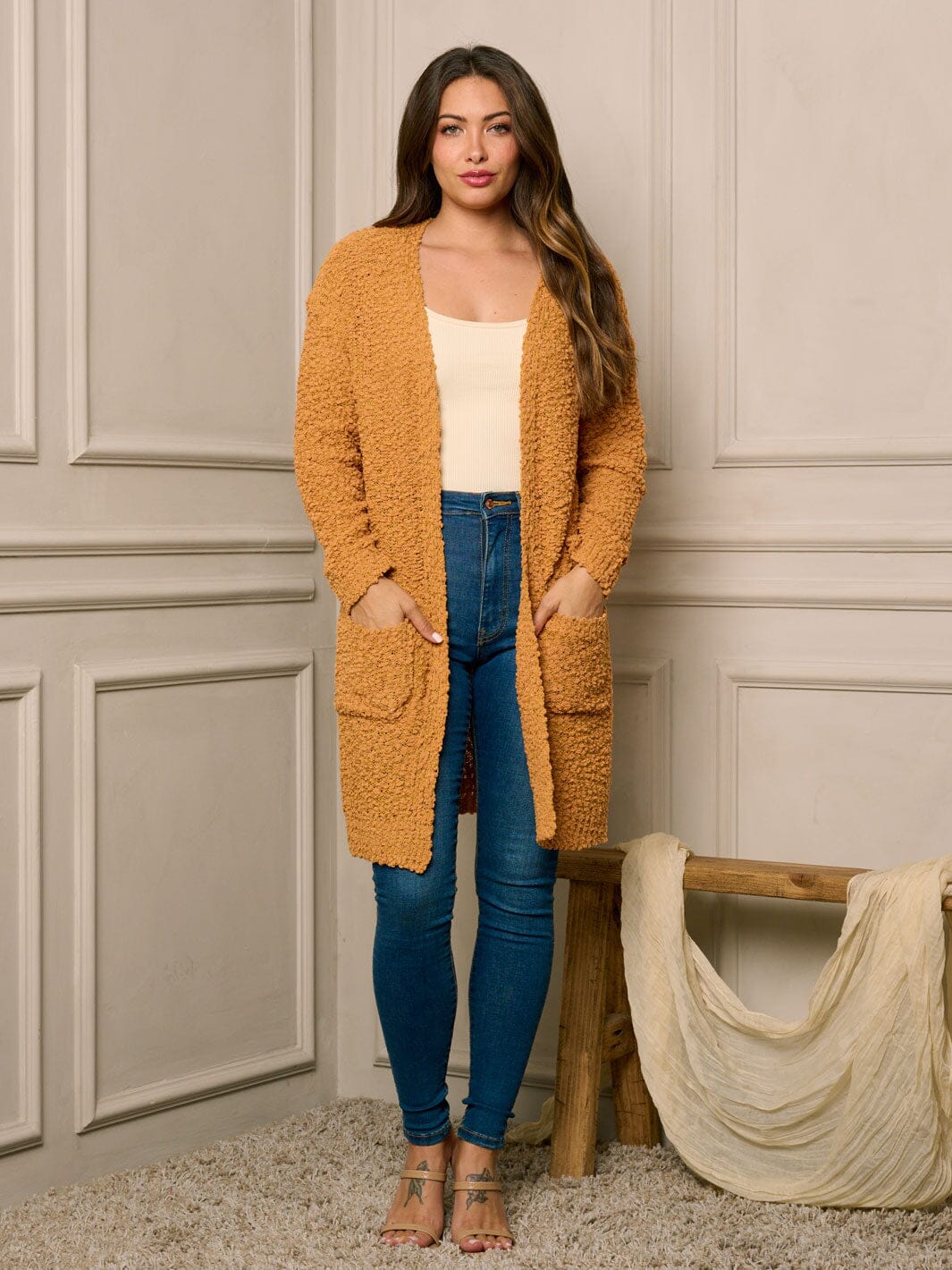 WOMEN'S LONG SLEEVE OPEN FRONT POCKETS CARDIGAN