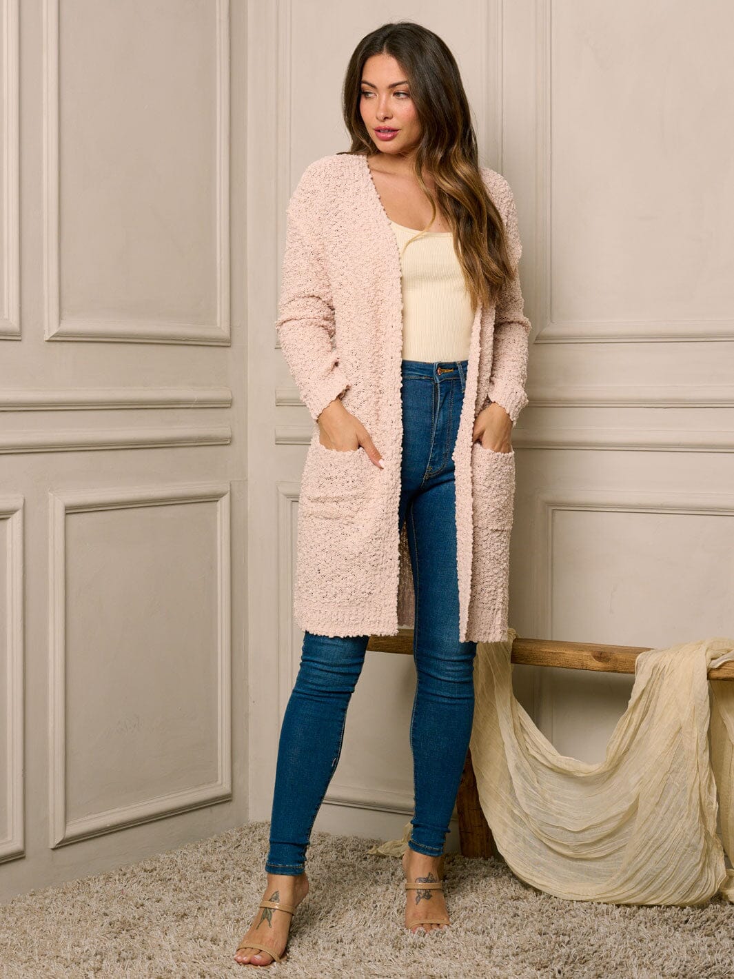 WOMEN'S LONG SLEEVE OPEN FRONT POCKETS CARDIGAN