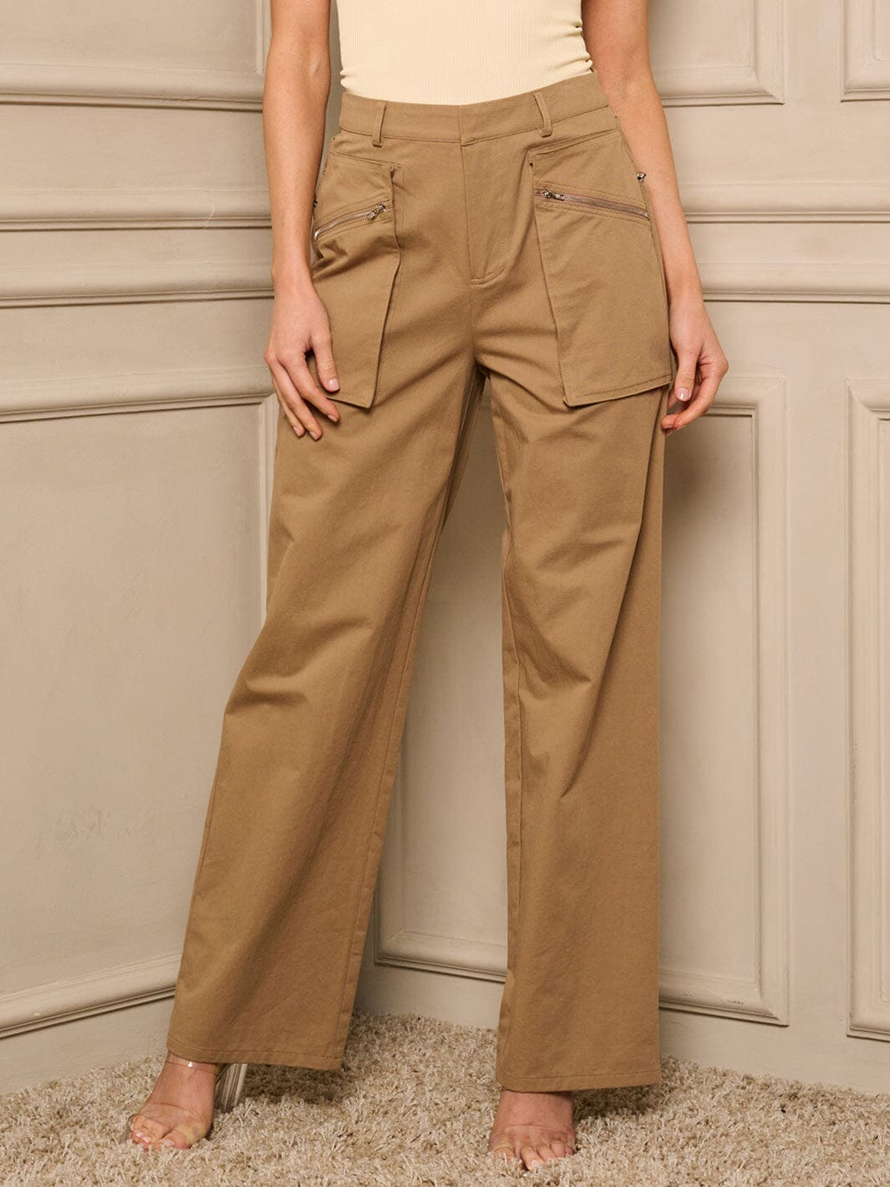 WOMEN'S BUTTON CLOSURE POCKETS WIDE LEG PANTS