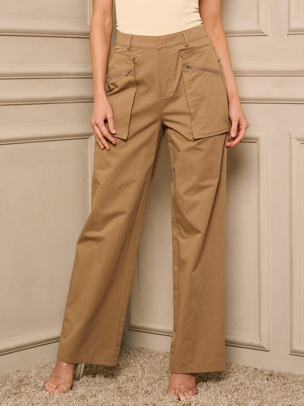 WOMEN'S BUTTON CLOSURE POCKETS WIDE LEG PANTS