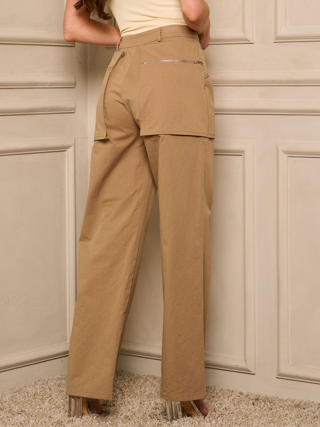 WOMEN'S BUTTON CLOSURE POCKETS WIDE LEG PANTS