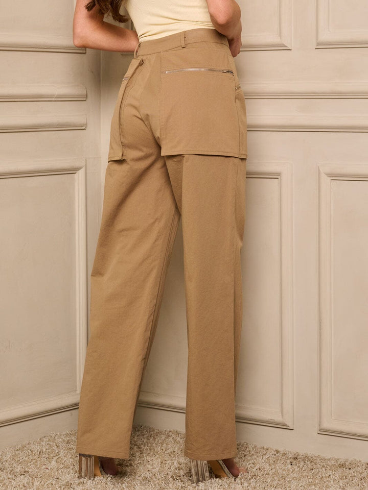 WOMEN'S BUTTON CLOSURE POCKETS WIDE LEG PANTS