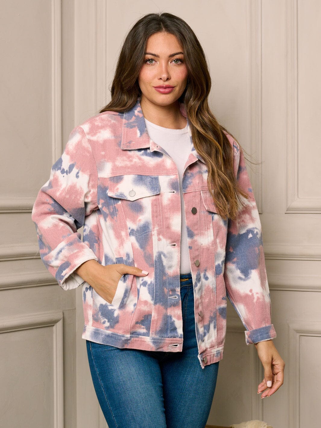 WOMEN'S LONG SLEEVE BUTTON UP TIE DYE DENIM JACKET