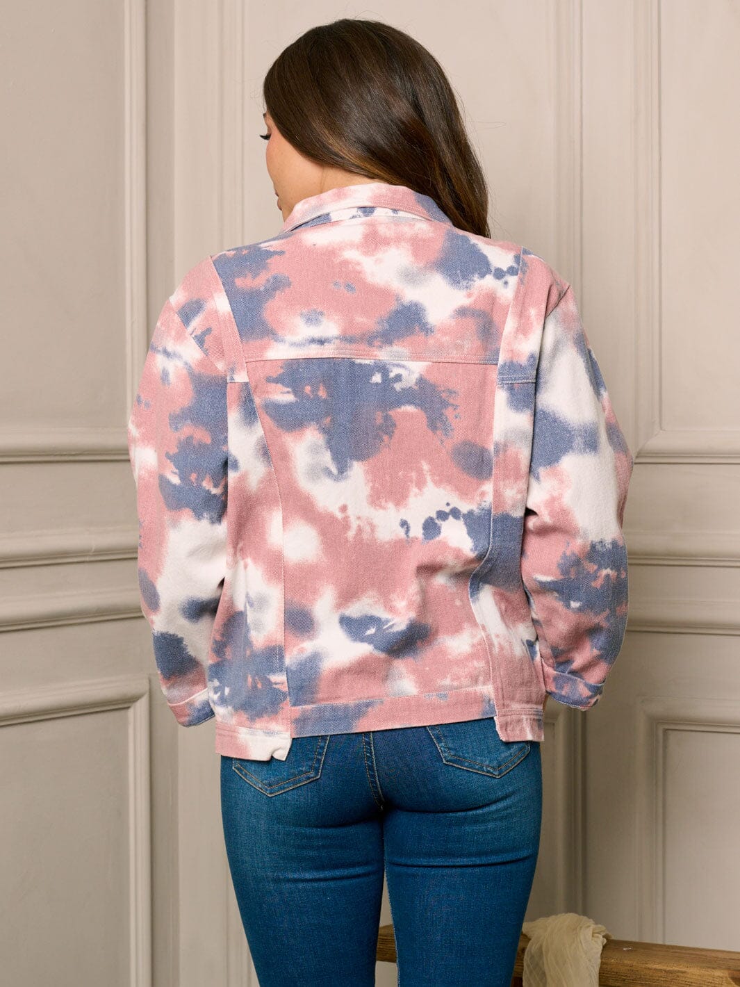 WOMEN'S LONG SLEEVE BUTTON UP TIE DYE DENIM JACKET
