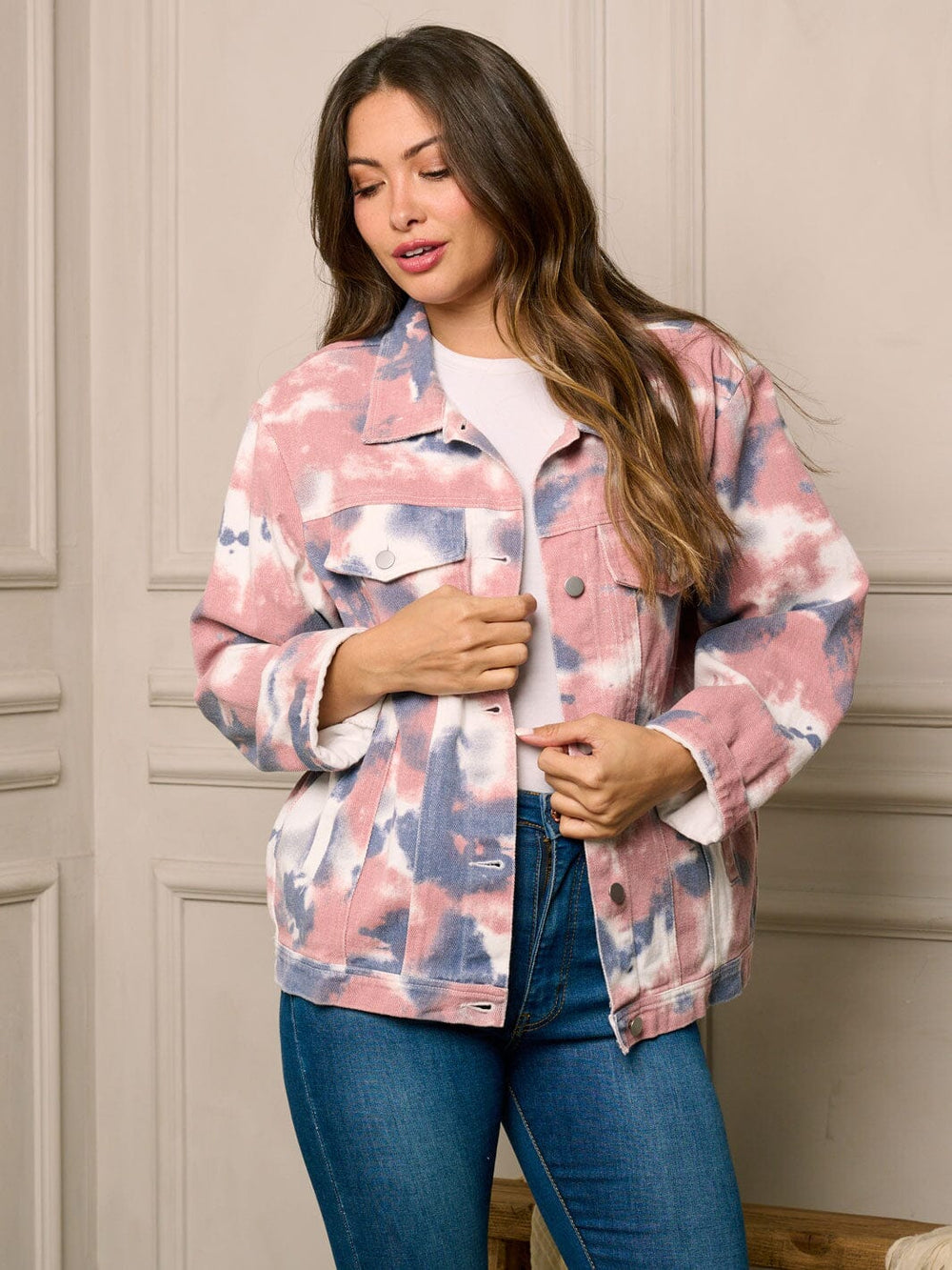 WOMEN'S LONG SLEEVE BUTTON UP TIE DYE DENIM JACKET