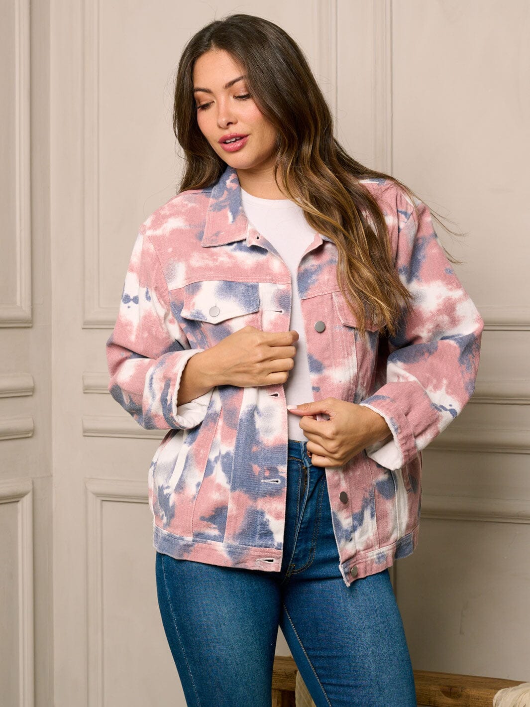 WOMEN'S LONG SLEEVE BUTTON UP TIE DYE DENIM JACKET