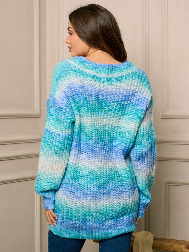 WOMEN'S LONG SLEEVE V-NECK COLORBLOCK PULLOVER SWEATER