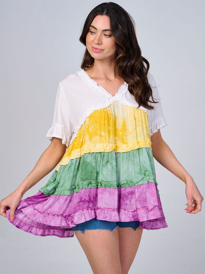 WOMEN'S SHORT SLEEVE V-NECK RUFFLE TIERED COLORBLOCK TUNIC TOP