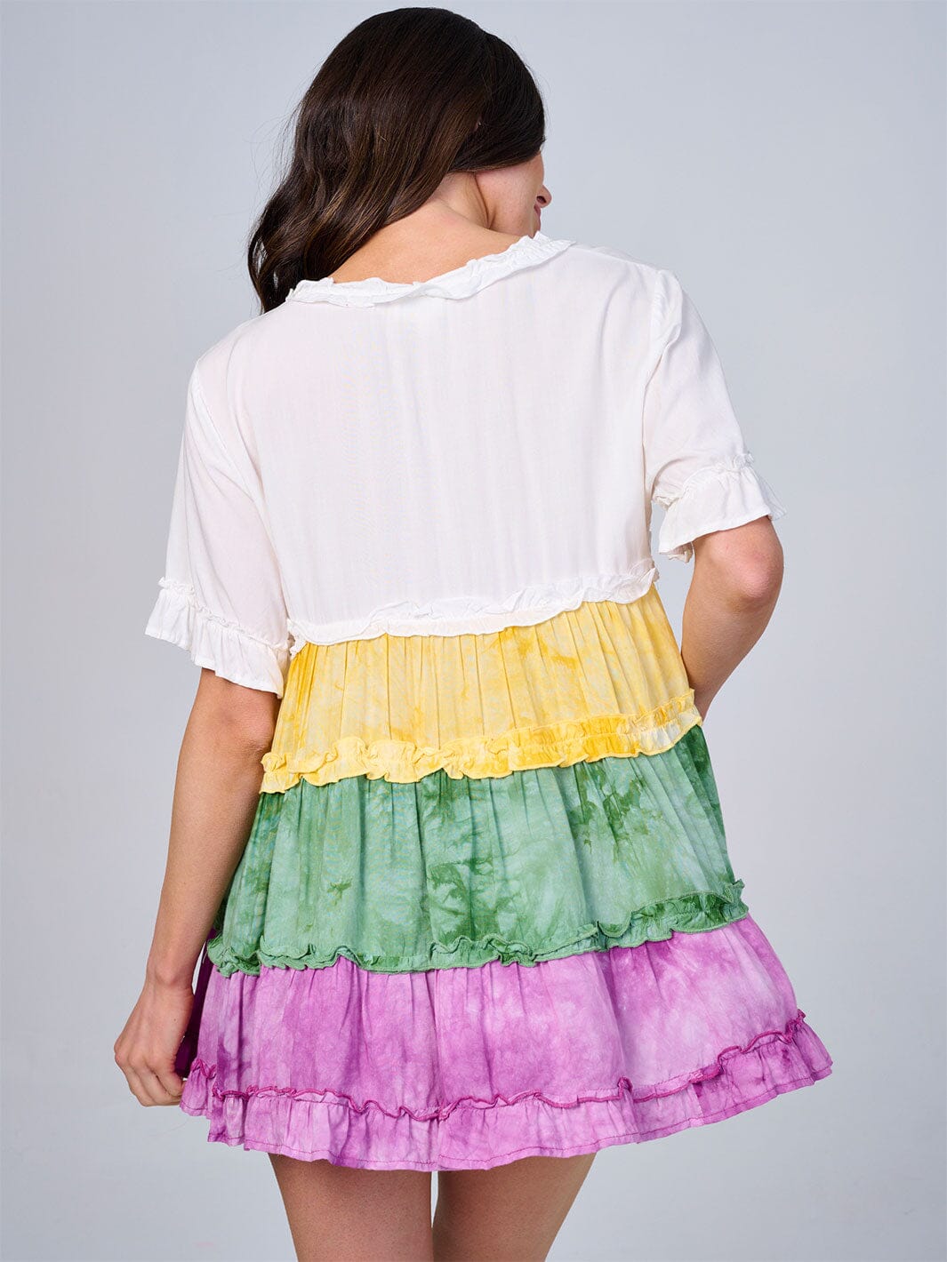 WOMEN'S SHORT SLEEVE V-NECK RUFFLE TIERED COLORBLOCK TUNIC TOP