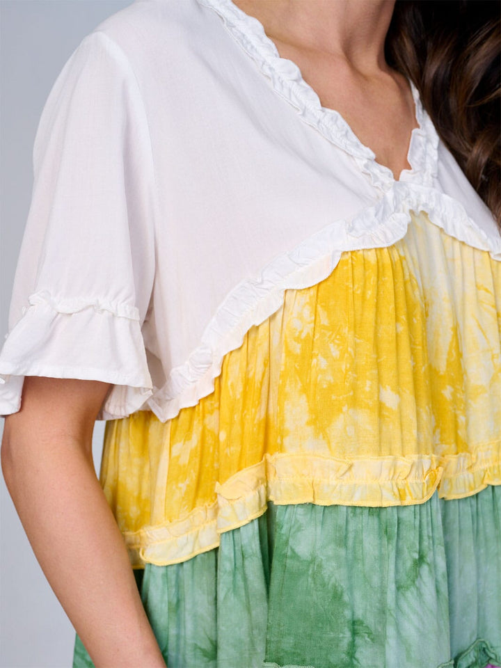 WOMEN'S SHORT SLEEVE V-NECK RUFFLE TIERED COLORBLOCK TUNIC TOP