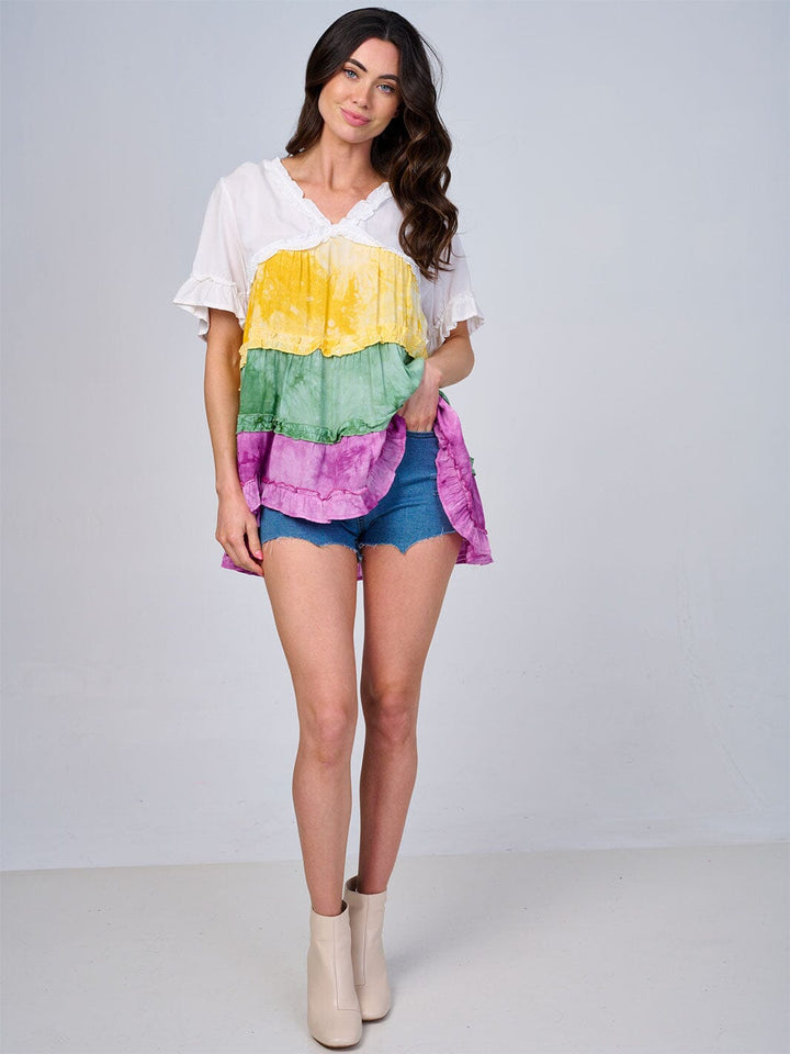 WOMEN'S SHORT SLEEVE V-NECK RUFFLE TIERED COLORBLOCK TUNIC TOP