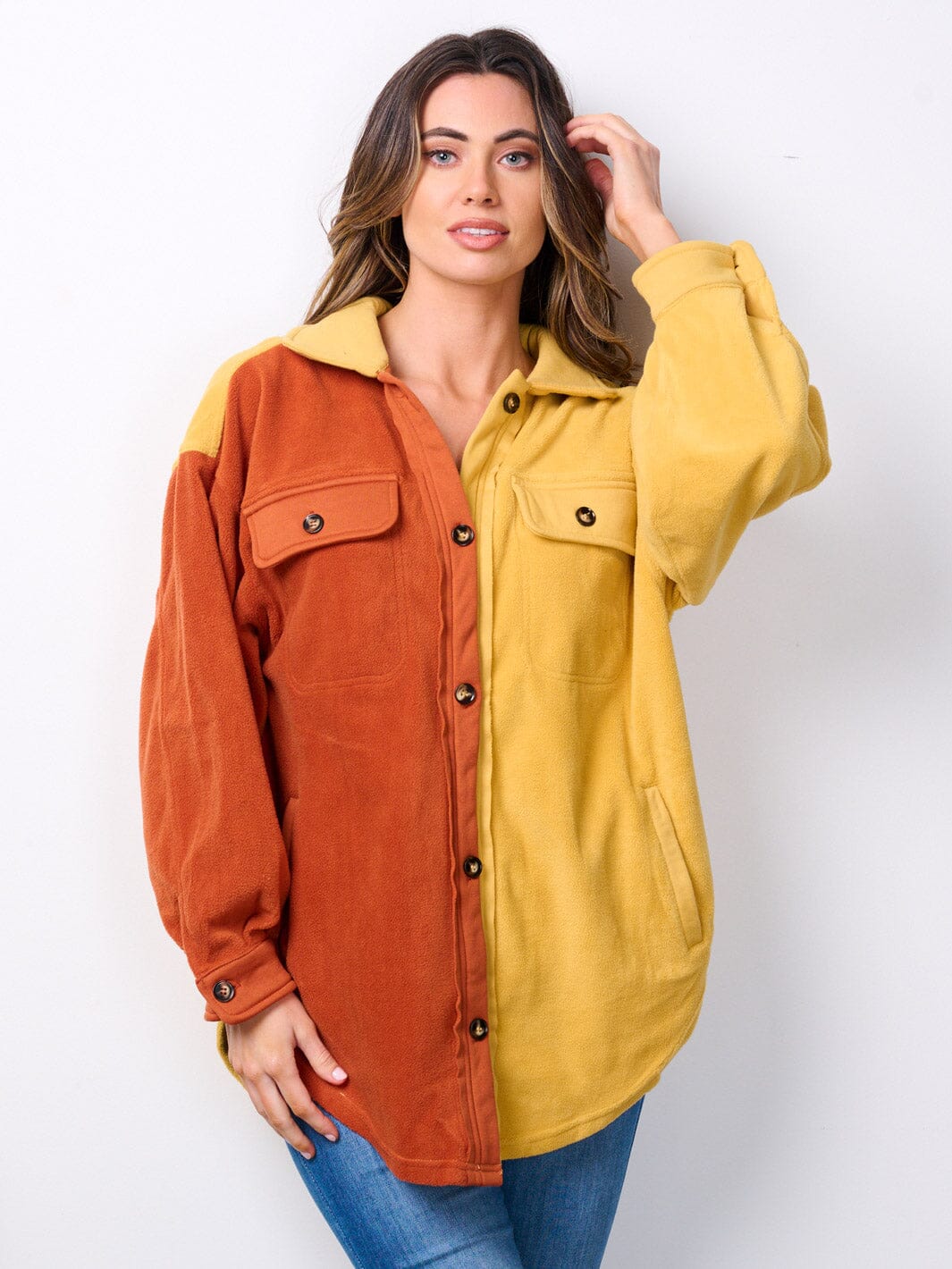 WOMEN'S LONG SLEEVE BUTTON UP OVERSIZED COLORBLOCK TOP