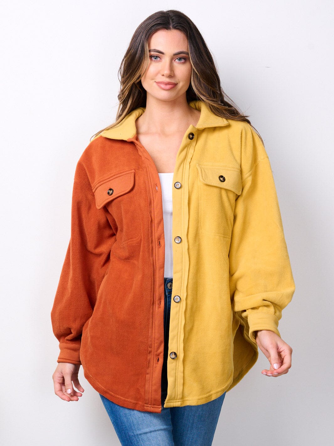 WOMEN'S LONG SLEEVE BUTTON UP OVERSIZED COLORBLOCK TOP