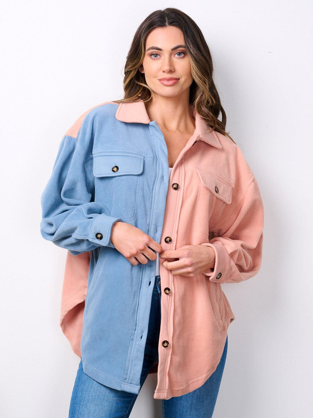 WOMEN'S LONG SLEEVE BUTTON UP POCKETS COLORBLOCK OVERSIZED TOP