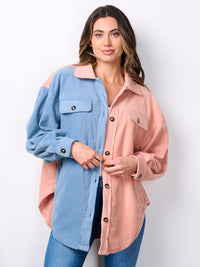 WOMEN'S LONG SLEEVE BUTTON UP POCKETS COLORBLOCK OVERSIZED TOP