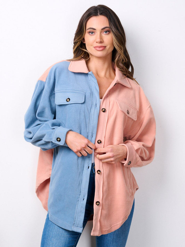 WOMEN'S LONG SLEEVE BUTTON UP POCKETS COLORBLOCK OVERSIZED TOP