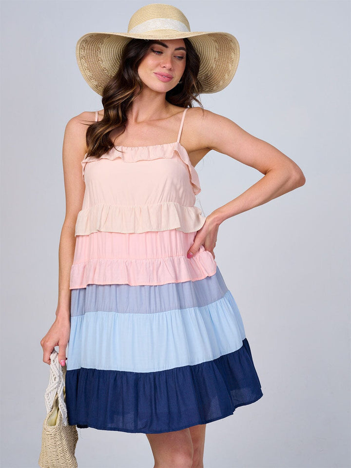 WOMEN'S SLEEVELESS RUFFLE TIERED COLORBLOCK MINI DRESS