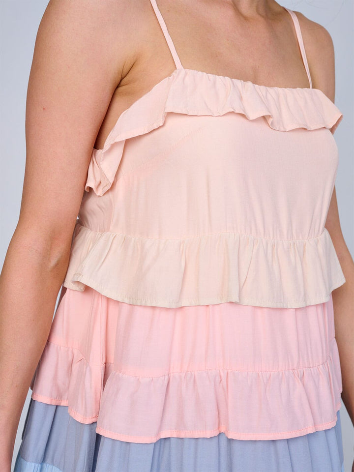 WOMEN'S SLEEVELESS RUFFLE TIERED COLORBLOCK MINI DRESS