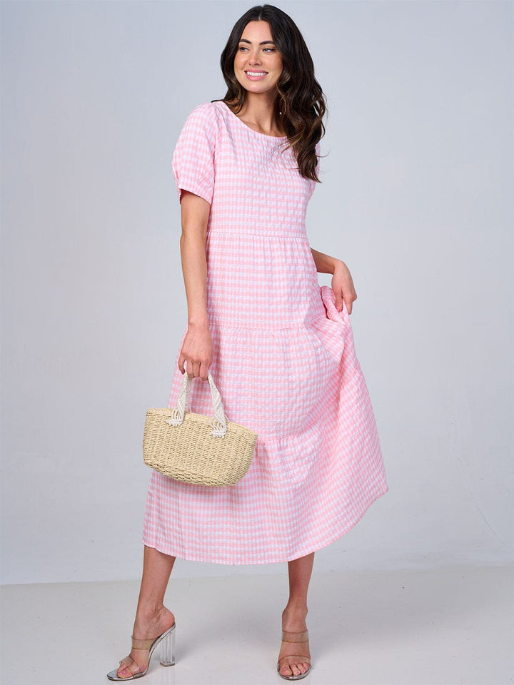 WOMEN'S SHORT SLEEVE TIERED PLAID COLORBLOCK MAXI DRESS
