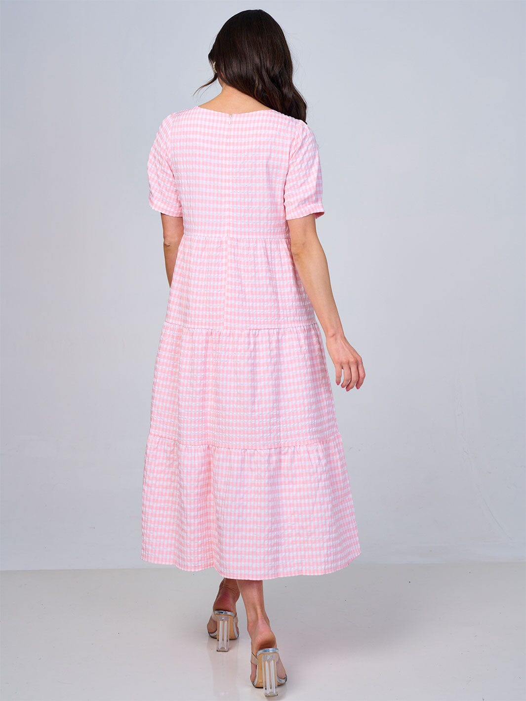 WOMEN'S SHORT SLEEVE TIERED PLAID COLORBLOCK MAXI DRESS