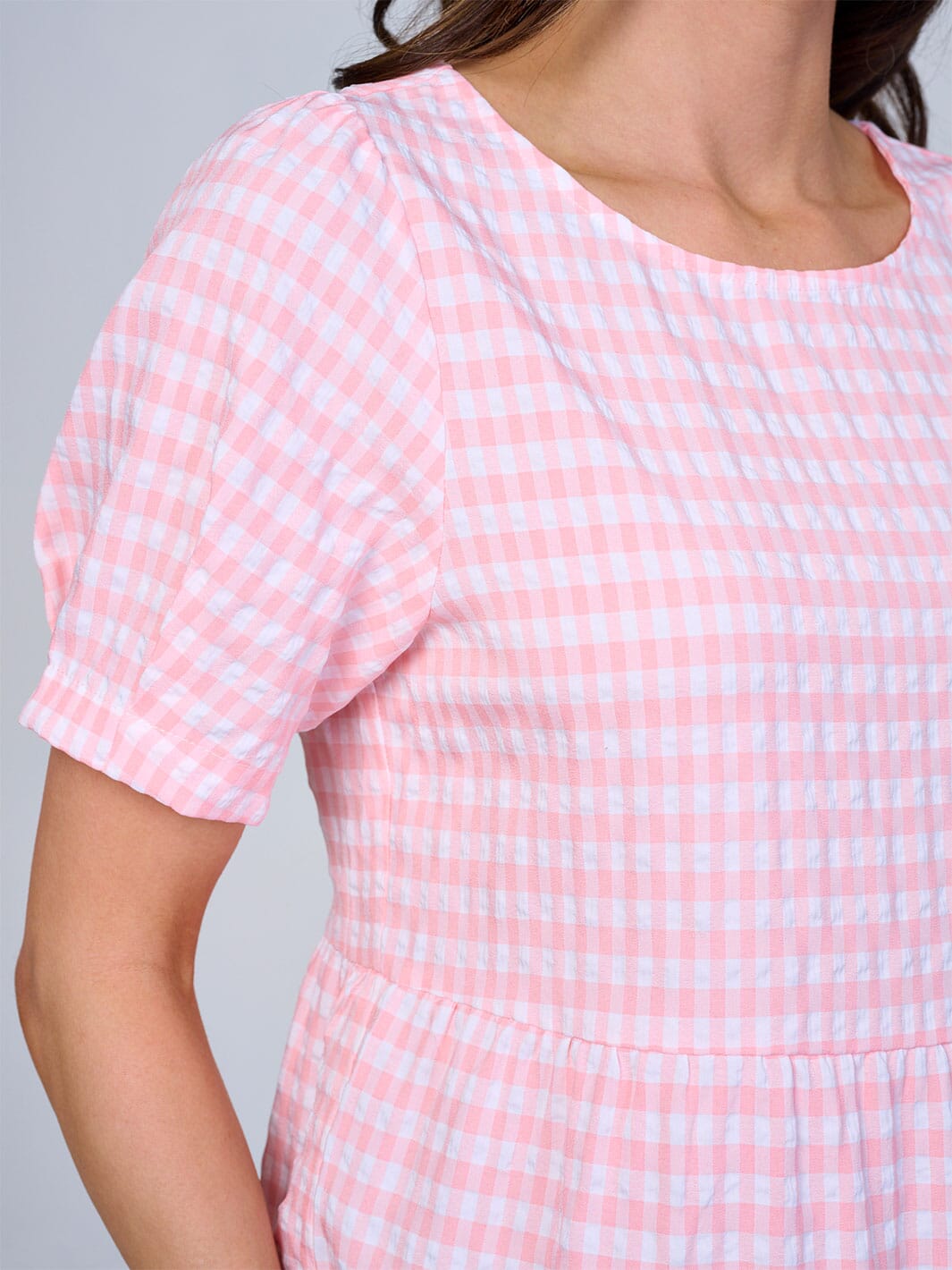 WOMEN'S SHORT SLEEVE TIERED PLAID COLORBLOCK MAXI DRESS