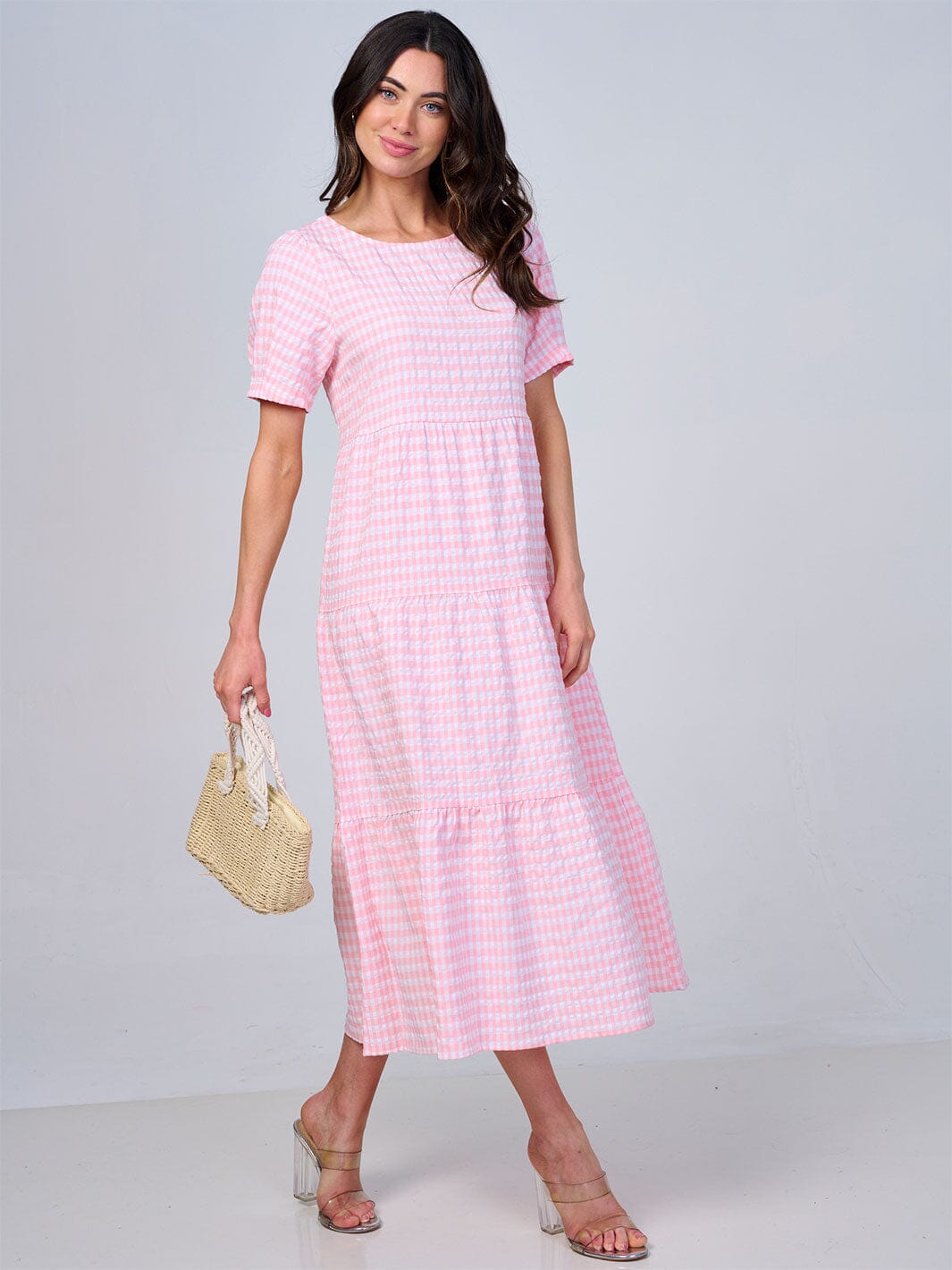 WOMEN'S SHORT SLEEVE TIERED PLAID COLORBLOCK MAXI DRESS
