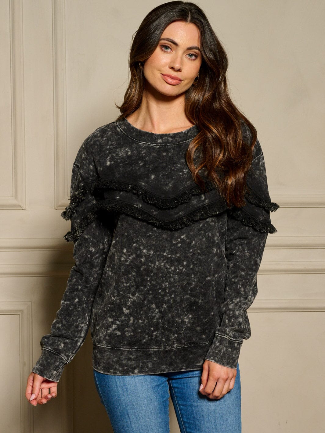 WOMEN'S LONG SLEEVE FRINGE DETAILED TIE DYE TOP