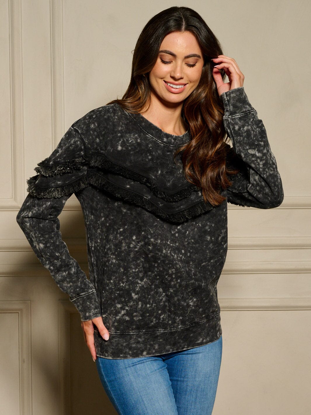 WOMEN'S LONG SLEEVE FRINGE DETAILED TIE DYE TOP