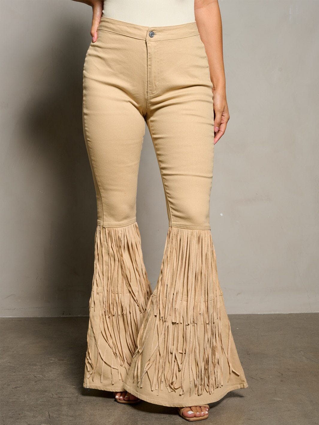 WOMEN'S BUTTON CLOSURE BELL FRINGE LEGS DENIM PANTS