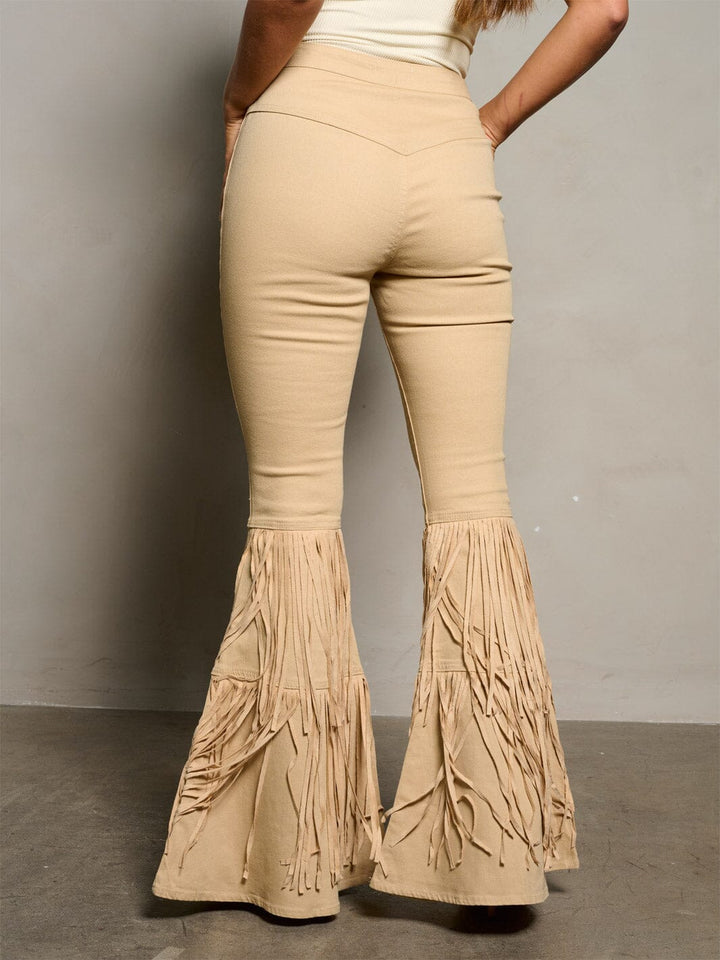 WOMEN'S BUTTON CLOSURE BELL FRINGE LEGS DENIM PANTS