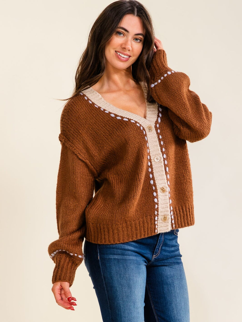 WOMEN'S LONG SLEEVE BUTTON UP TRIM DETAILED SWEATER