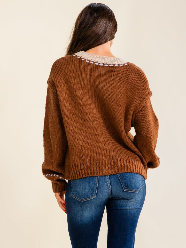 WOMEN'S LONG SLEEVE BUTTON UP TRIM DETAILED SWEATER