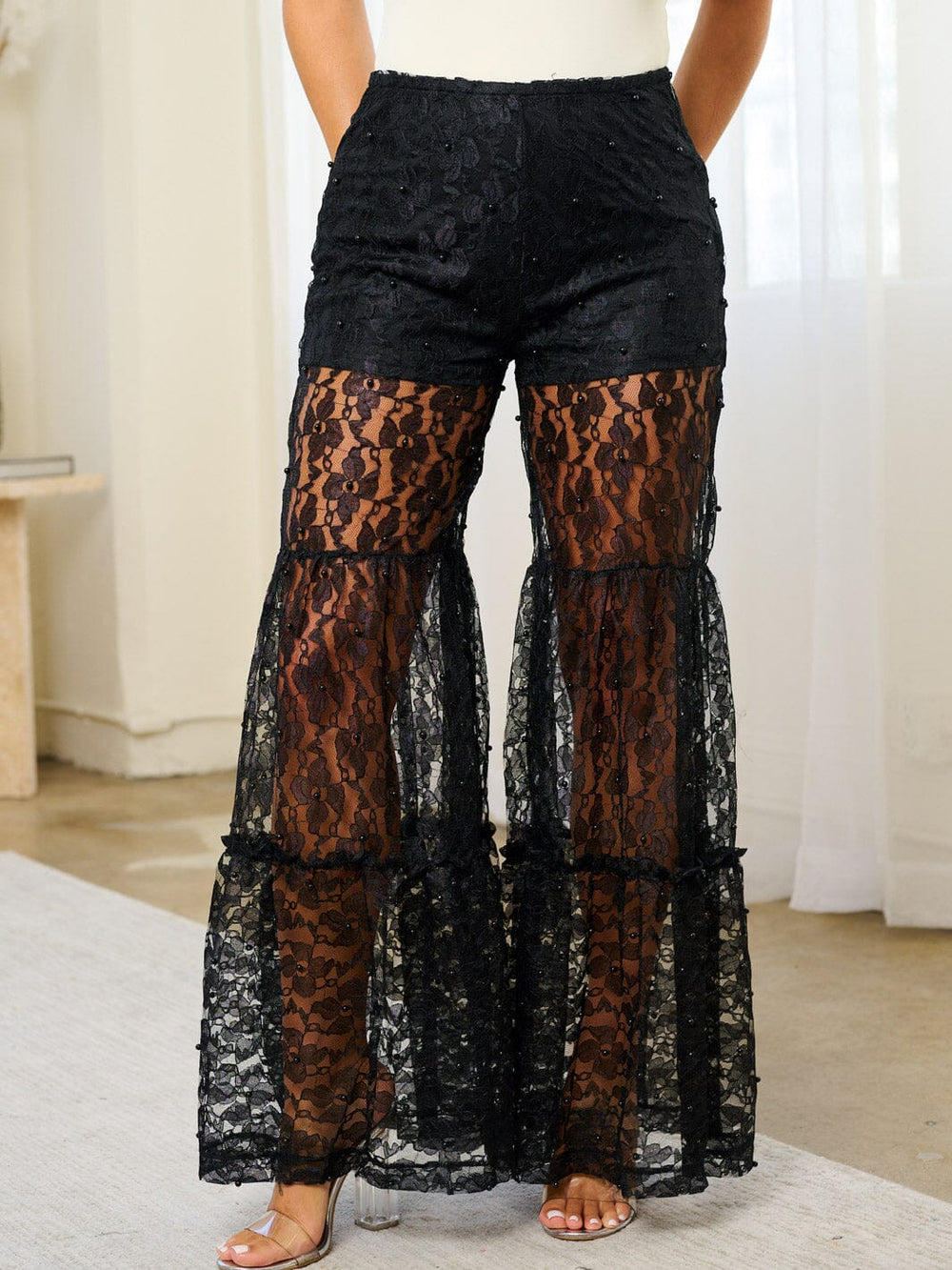 WOMEN'S BUTTON CLOSURE BELL LEG PEARL LACE PANTS