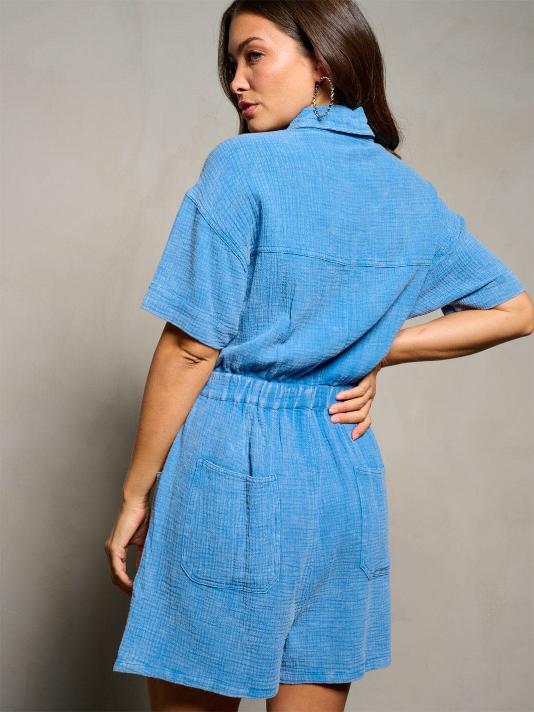 WOMEN'S SHORT SLEEVE BUTTON UP POCKETS WASHED ROMPER