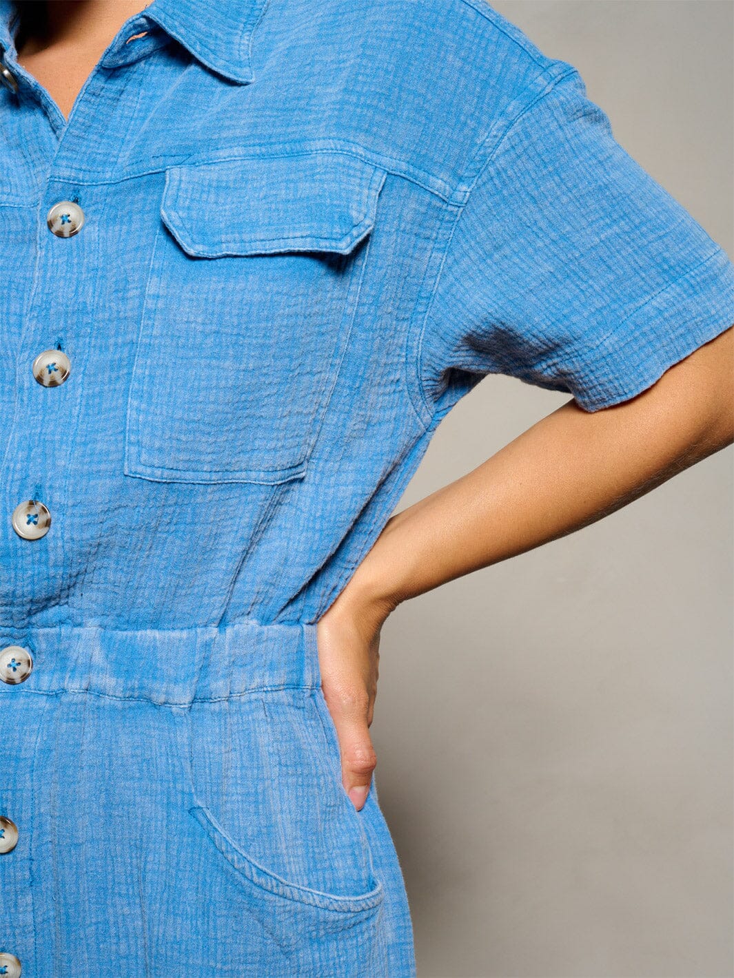 WOMEN'S SHORT SLEEVE BUTTON UP POCKETS WASHED ROMPER