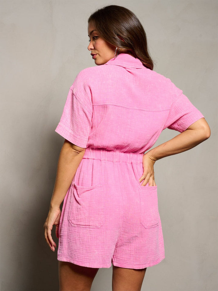 WOMEN'S SHORT SLEEVE BUTTON UP POCKETS WASHED ROMPER