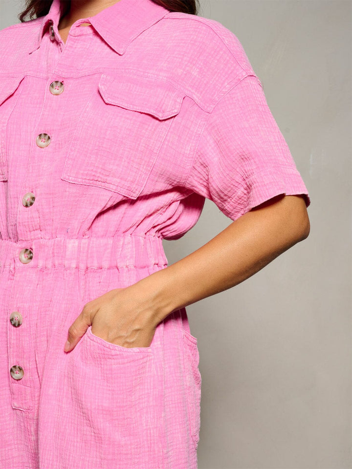 WOMEN'S SHORT SLEEVE BUTTON UP POCKETS WASHED ROMPER