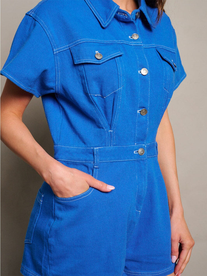 WOMEN'S SHORT SLEEVE POCKETS BUTTON UP DENIM ROMPER