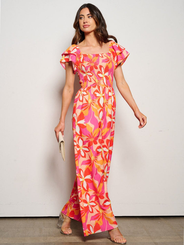 WOMEN'S SHORT PUFF SLEEVE SMOCK PRINTED POCKETS JUMPSUIT