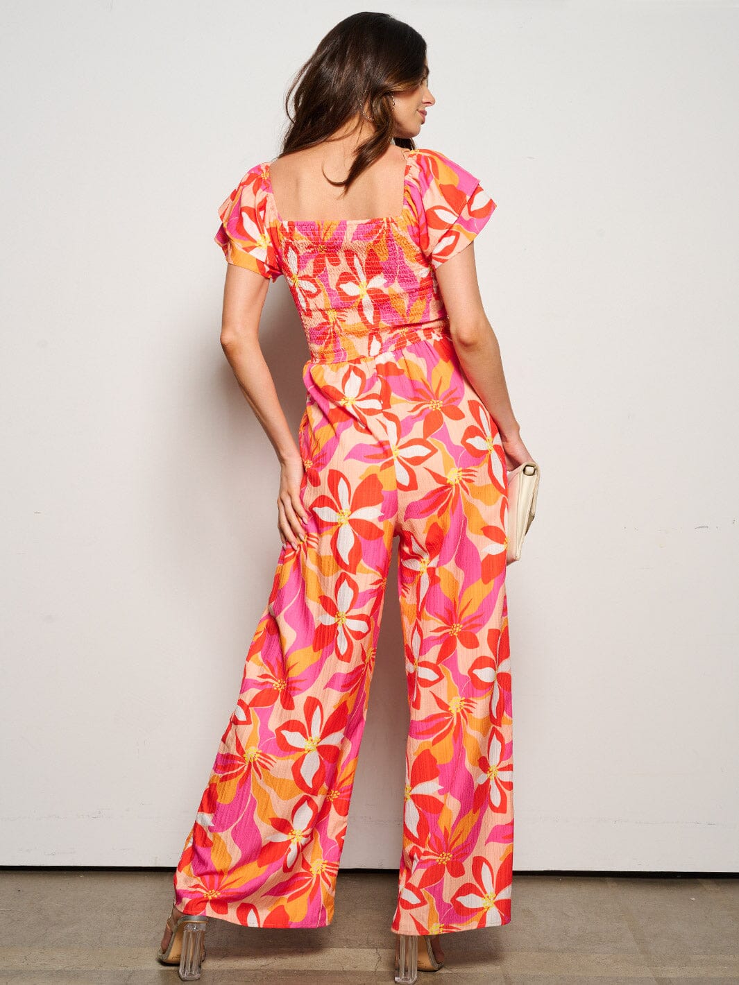 WOMEN'S SHORT PUFF SLEEVE SMOCK PRINTED POCKETS JUMPSUIT