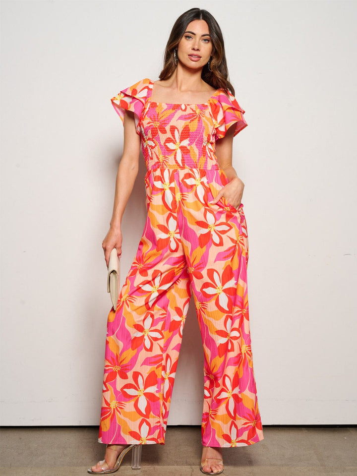 WOMEN'S SHORT PUFF SLEEVE SMOCK PRINTED POCKETS JUMPSUIT
