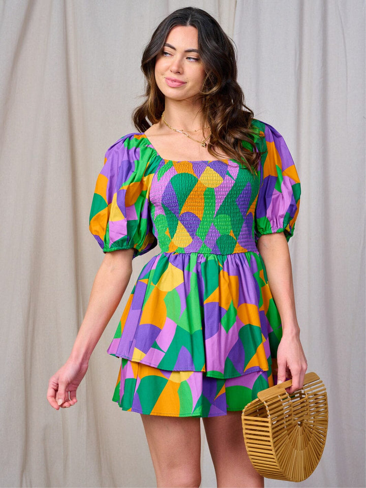 WOMEN'S SHORT PUFF SLEEVE SMOCK MULTI PRINT ROMPER