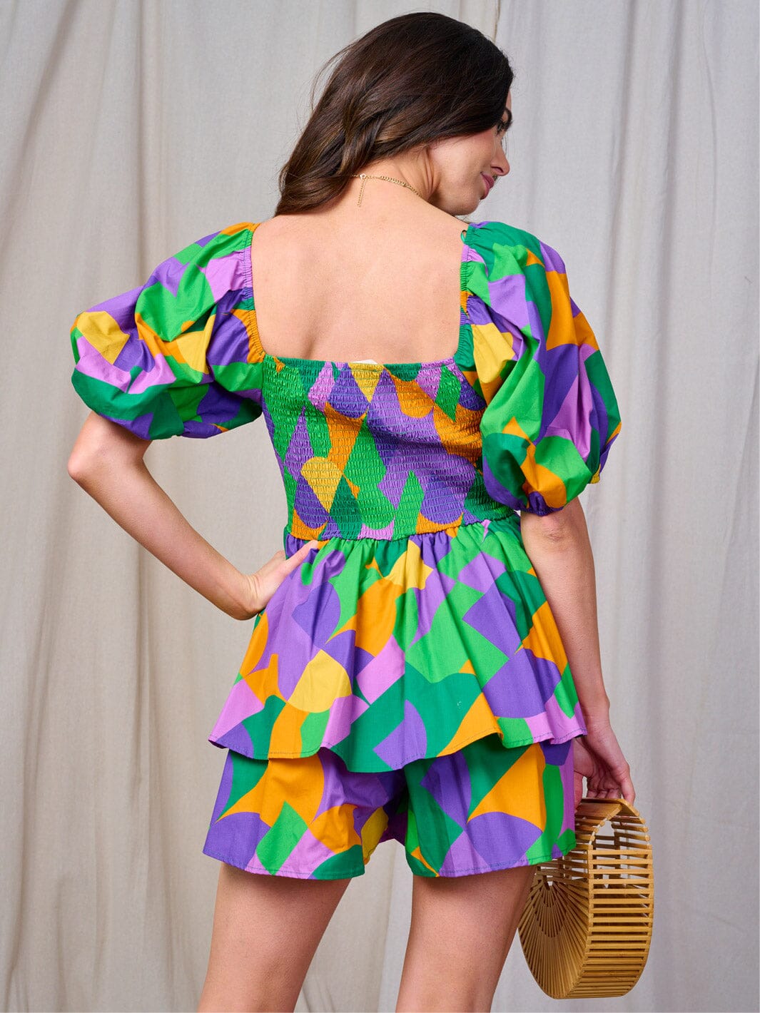 WOMEN'S SHORT PUFF SLEEVE SMOCK MULTI PRINT ROMPER