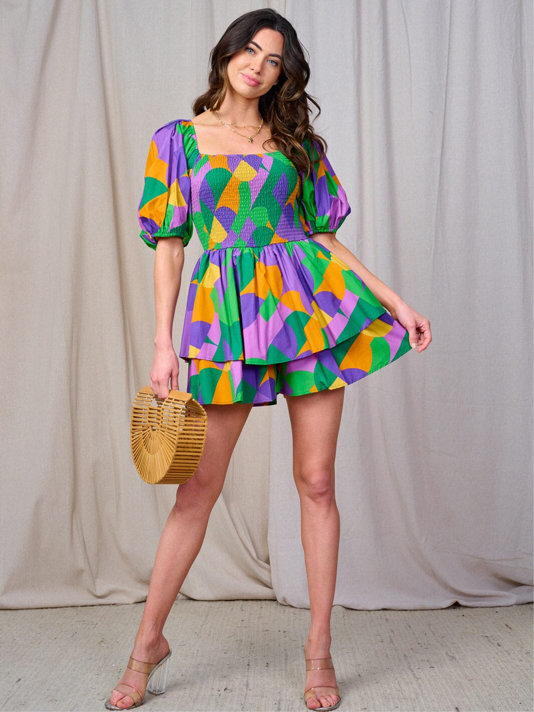 WOMEN'S SHORT PUFF SLEEVE SMOCK MULTI PRINT ROMPER