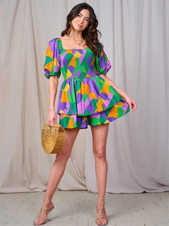 WOMEN'S SHORT PUFF SLEEVE SMOCK MULTI PRINT ROMPER