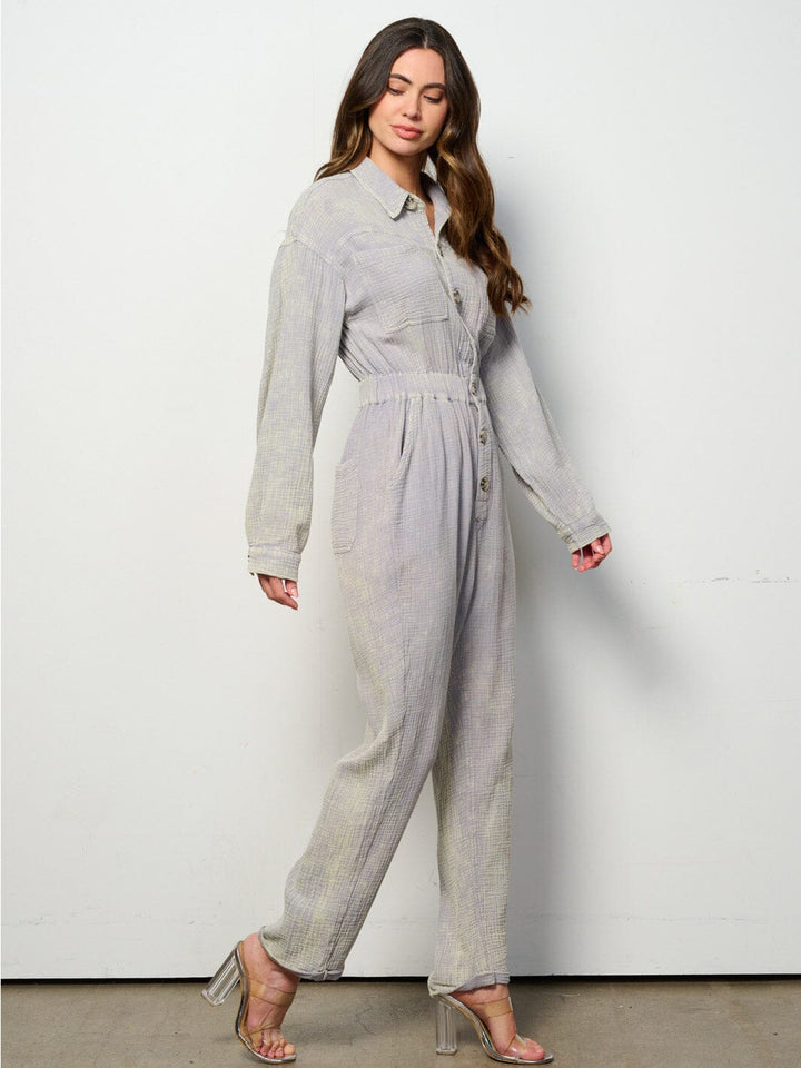 WOMEN'S LONG SLEEVE BUTTON UP POCKETS WASHED JUMPSUIT